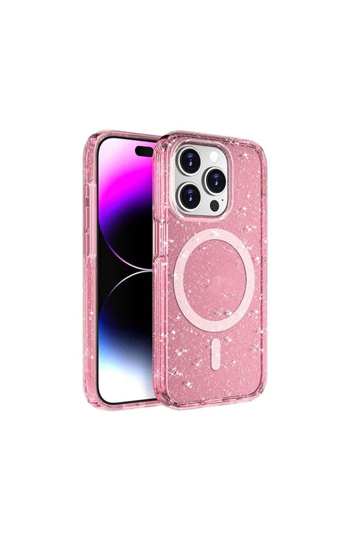 Apple iPhone 15 Pro Uyumlu Kılıf Magsafe Şarj Özellikli Parlayan Simli Saydam Renkli Zore Allstar Kapak Pembe