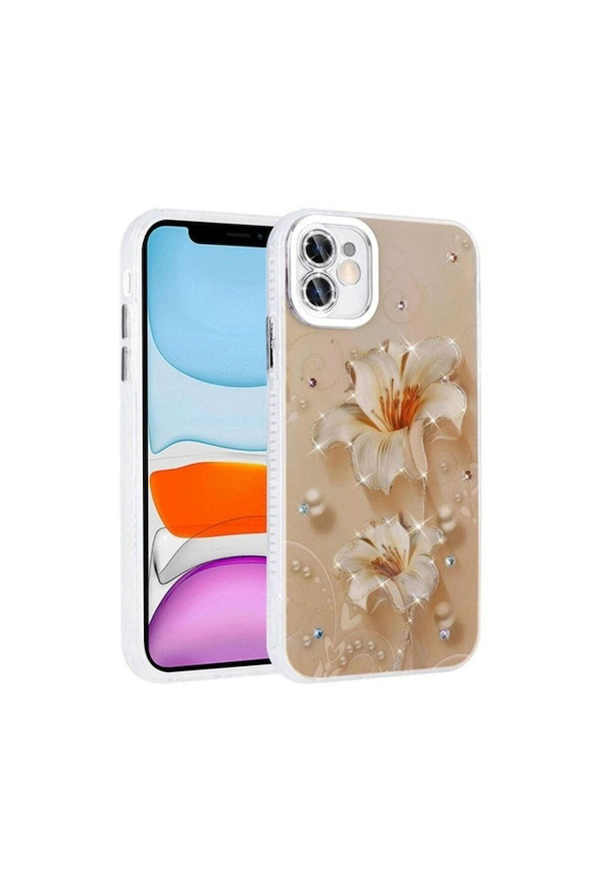 Apple iPhone 11 Uyumlu Kılıf Çiçek Desenli Parlak Taşlı Sert Silikon Zore Garden Kapak Pembe Açık