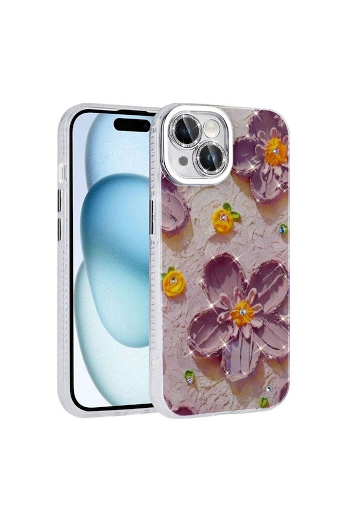 Apple iPhone 14 Uyumlu Kılıf Çiçek Desenli Parlak Taşlı Sert Silikon Zore Garden Kapak Mor