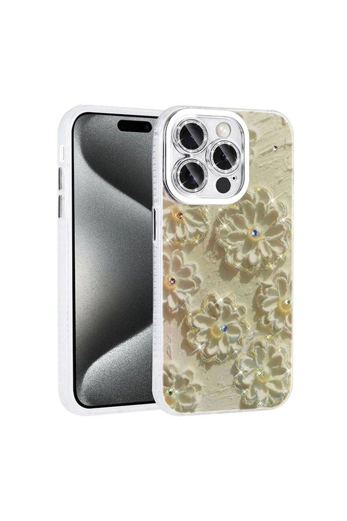 Apple iPhone 15 Pro Uyumlu Kılıf Çiçek Desenli Parlak Taşlı Sert Silikon Zore Garden Kapak Beyaz