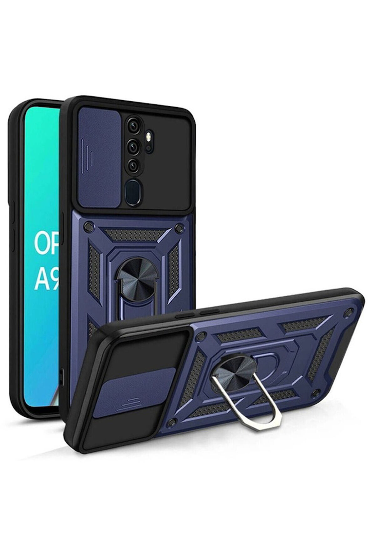 Oppo A9 2020 Uyumlu Kılıf Magnetik Standlı Kamera Korumalı Zore Sürgülü Vega Kapak Mavi