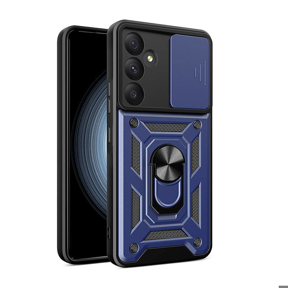 Samsung Galaxy A55 Uyumlu Kılıf Magnetik Standlı Kamera Korumalı Zore Sürgülü Vega Kapak Mavi
