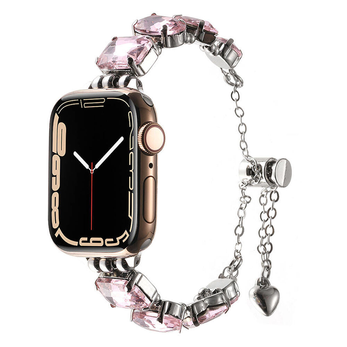 Apple Watch 7 45mm Uyumlu Kordon Metal Renkli Taşlı Bileklik Model Zore KRD-115 Kayış Rose Pembe