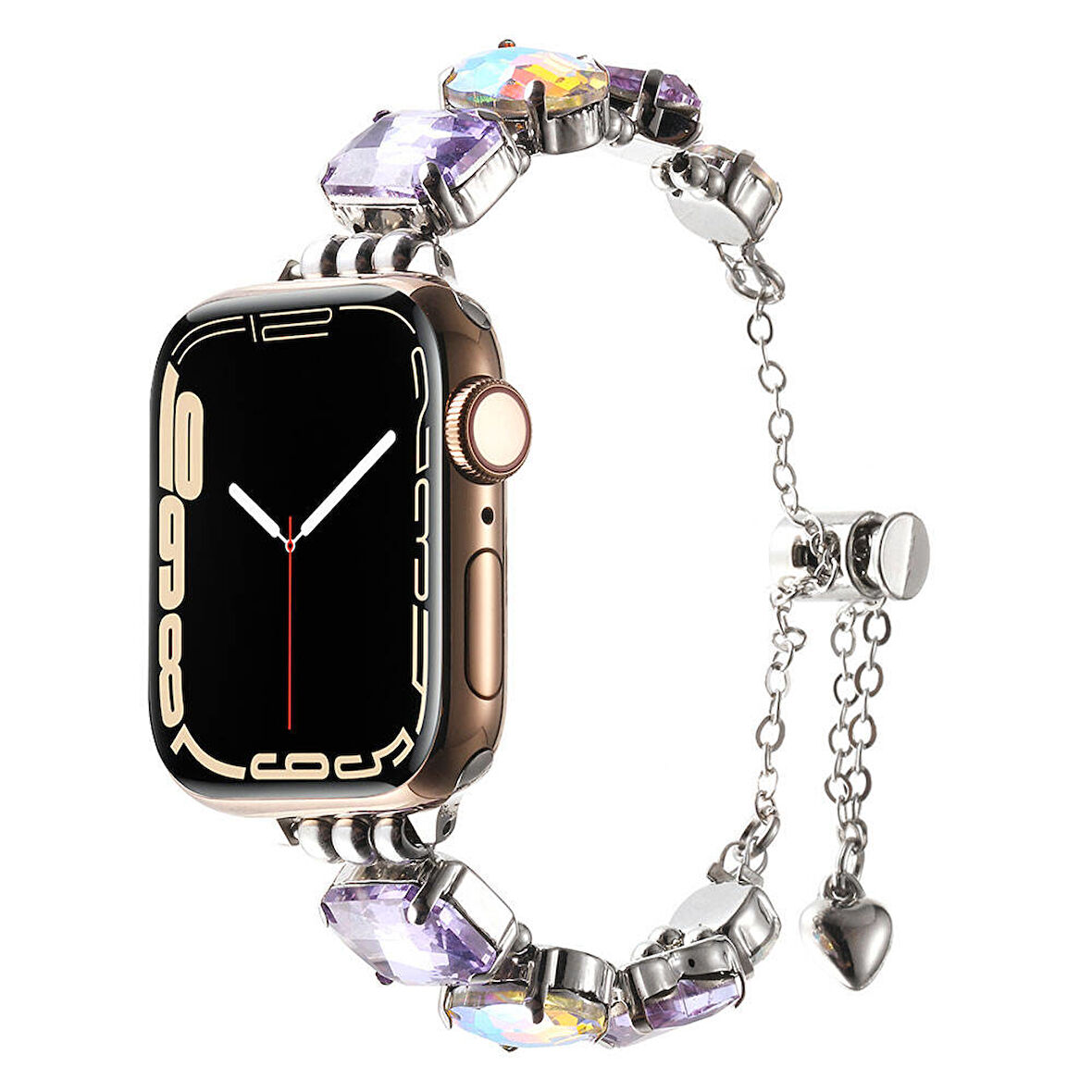 Apple Watch 7 45mm Uyumlu Kordon Metal Renkli Taşlı Bileklik Model Zore KRD-115 Kayış Lila