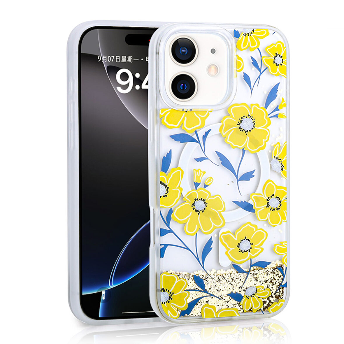 Apple iPhone 11 Uyumlu Kılıf Sıvılı Simli Baskılı Şeffaf Arka Yüzey Zore Mossa Silikon Kapak
