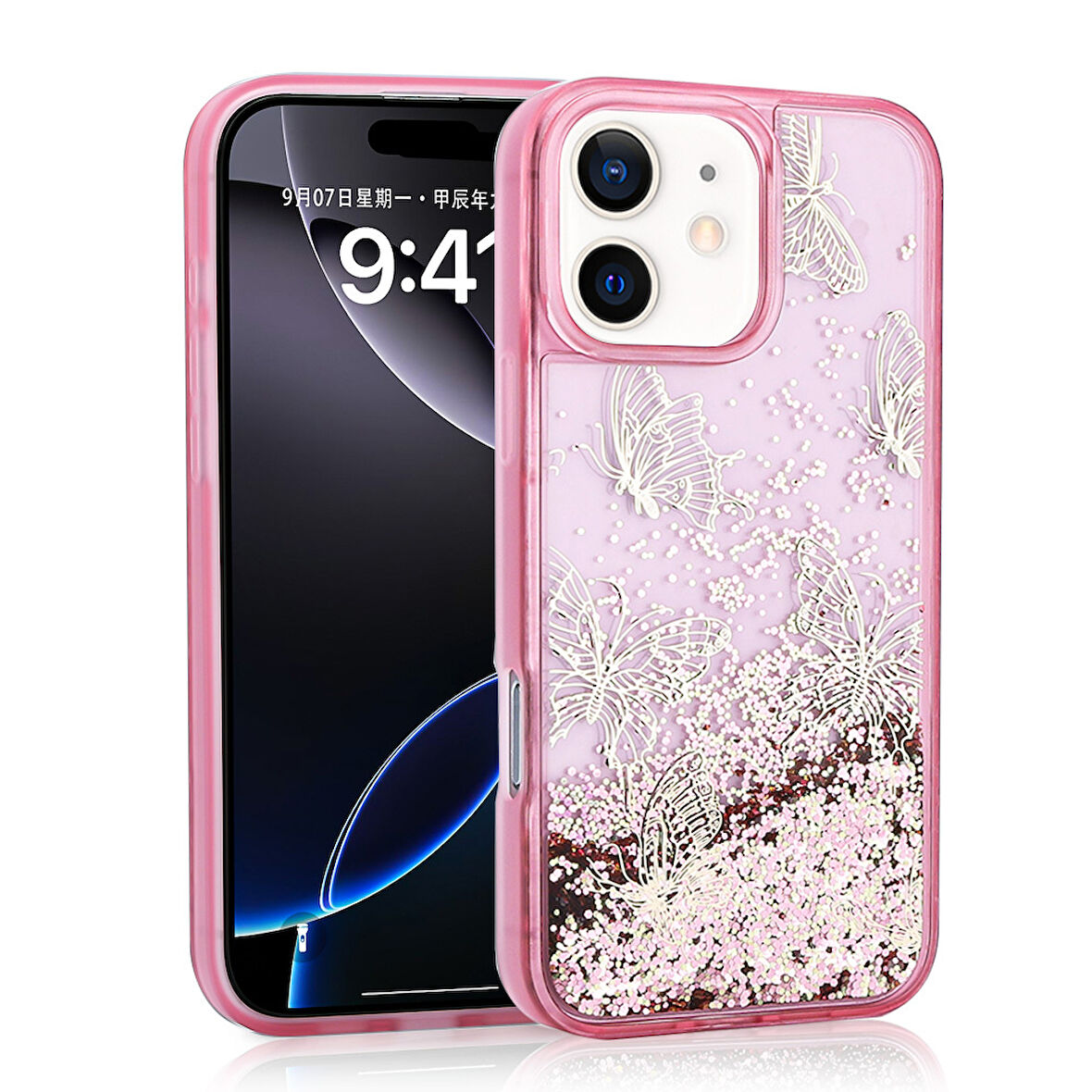 Apple iPhone 11 Uyumlu Kılıf Sıvılı Simli Kelebek Baskılı Şeffaf Arka Yüzey Zore Glis Silikon Kapak