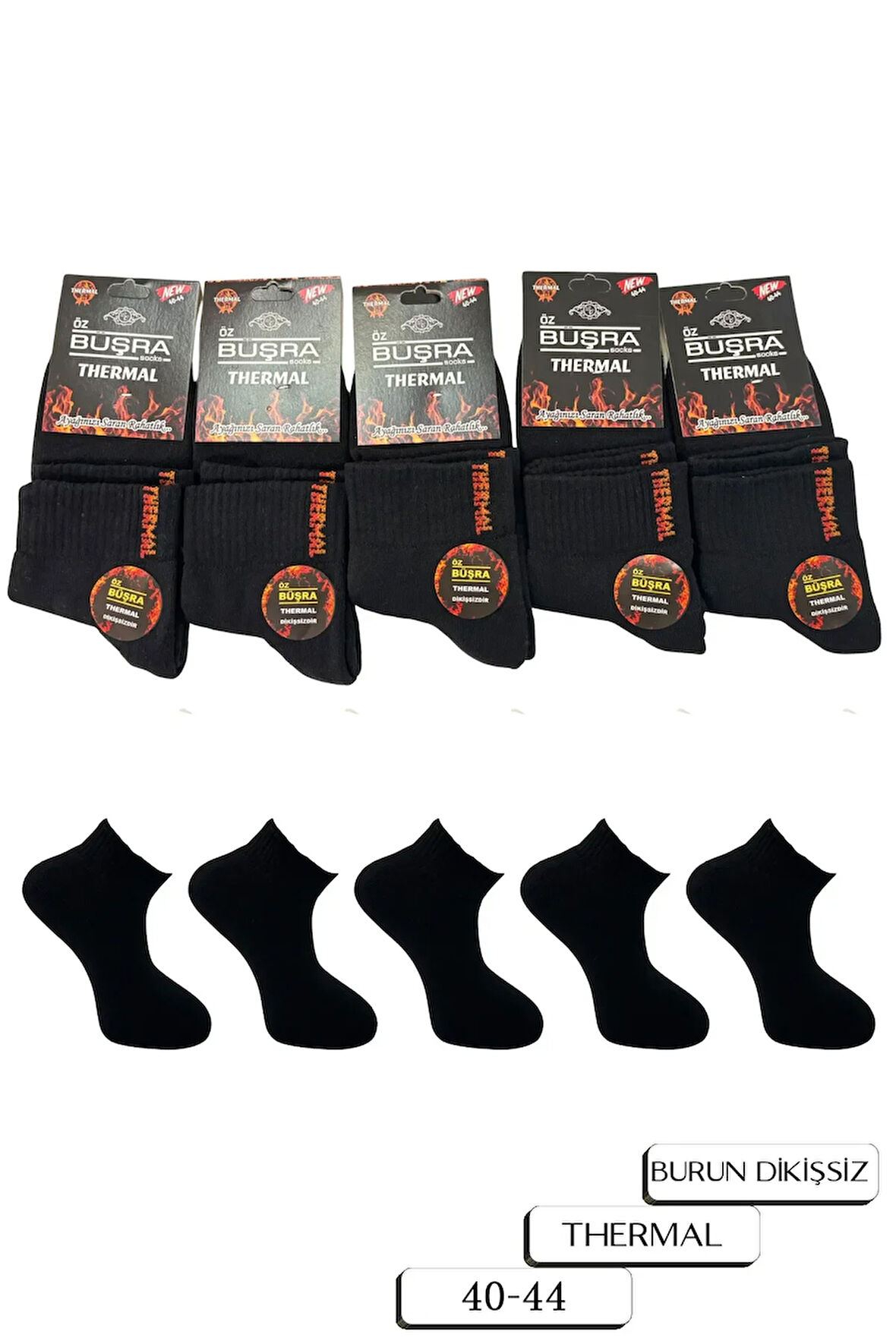 5'li Dikişsiz Termal Düz Siyah Erkek Havlu Patik Çorap