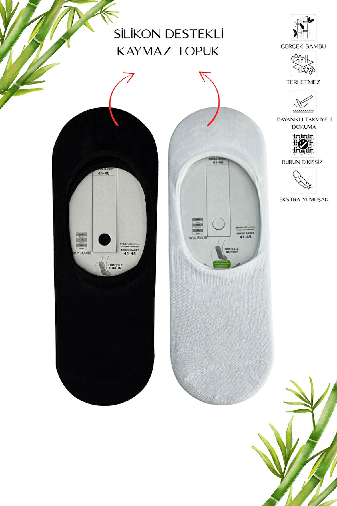 6'lı Kaymaz Silikonlu Dikişsiz Bambu Beyaz-Siyah Erkek Babet Çorap