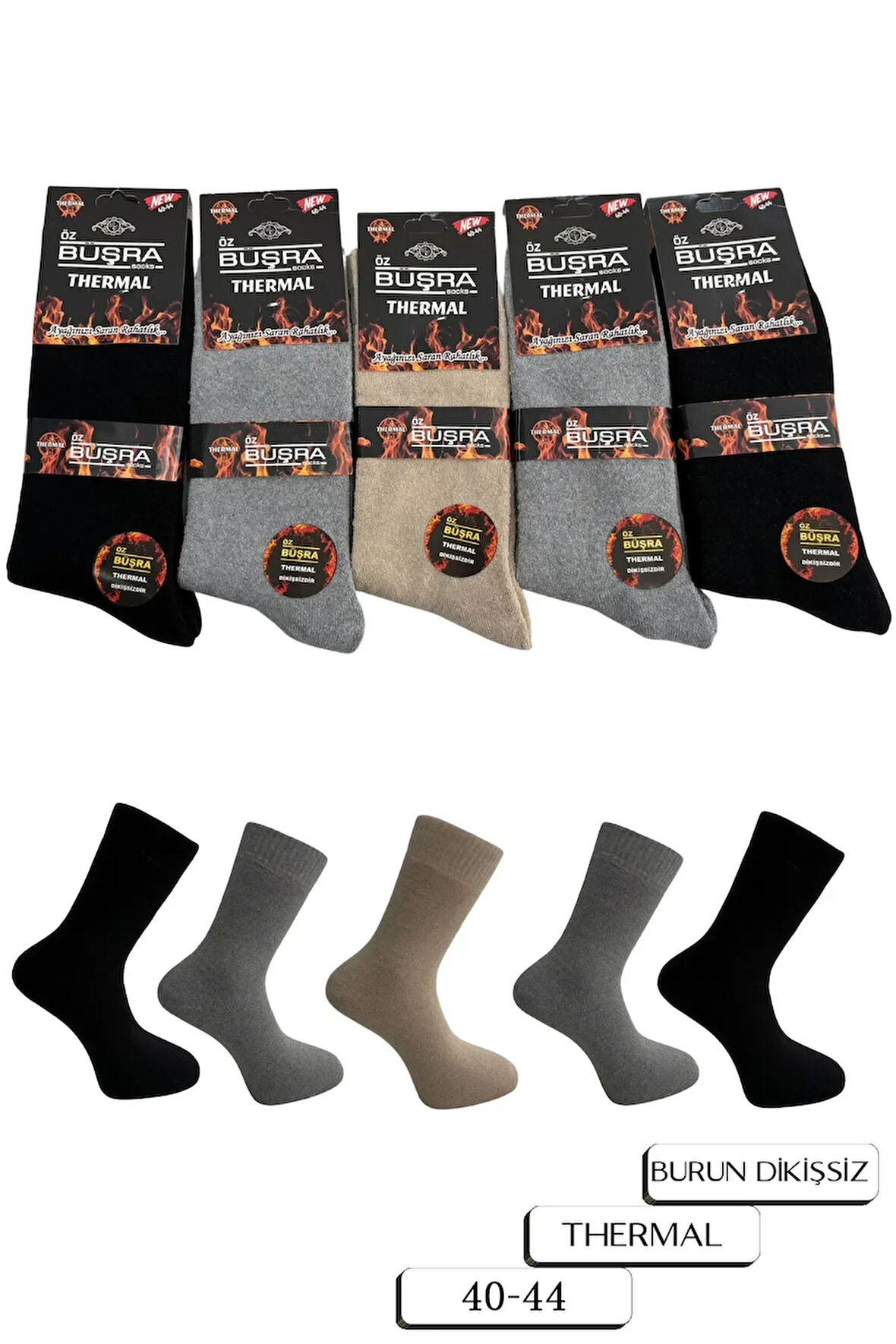 5'li Termal Dikişsiz Düz Çok Renkli Erkek Havlu Çorap