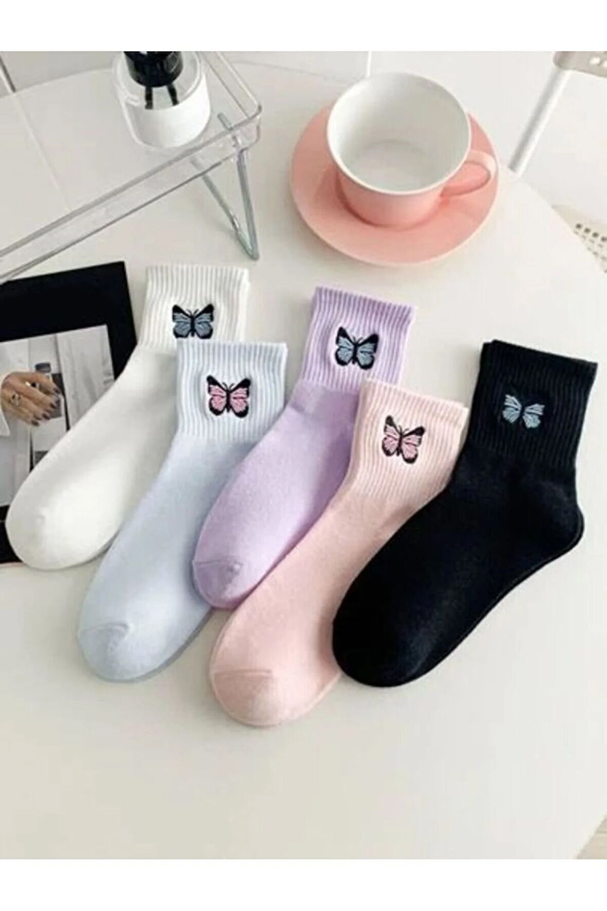 5’li Kelebek Nakışlı Kadın Kolej