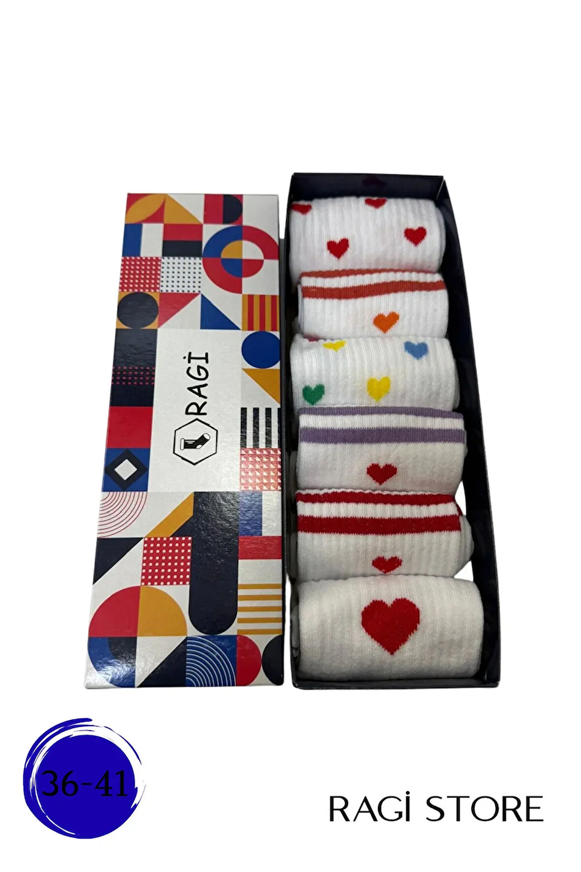 6'lı Kalpli Desenli Unisex Kolej Çorap