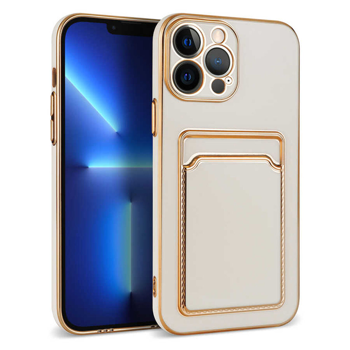 iPhone 13 Pro Max Kılıf Kartlıklı Kamera Korumalı Altın Kenar Tasarım Silikon