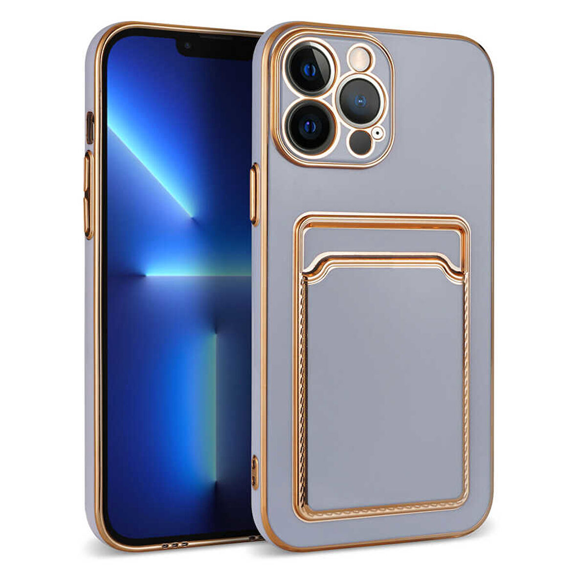 iPhone 13 Pro Max Kılıf Kartlıklı Kamera Korumalı Altın Kenar Tasarım Silikon