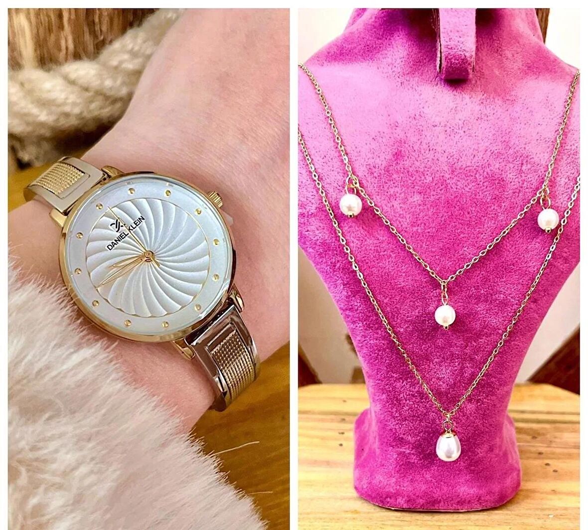 Daniel Klein Çelik Bilezik Kordon Kadın Kol Saat+%100 Çelik İncili Kolye