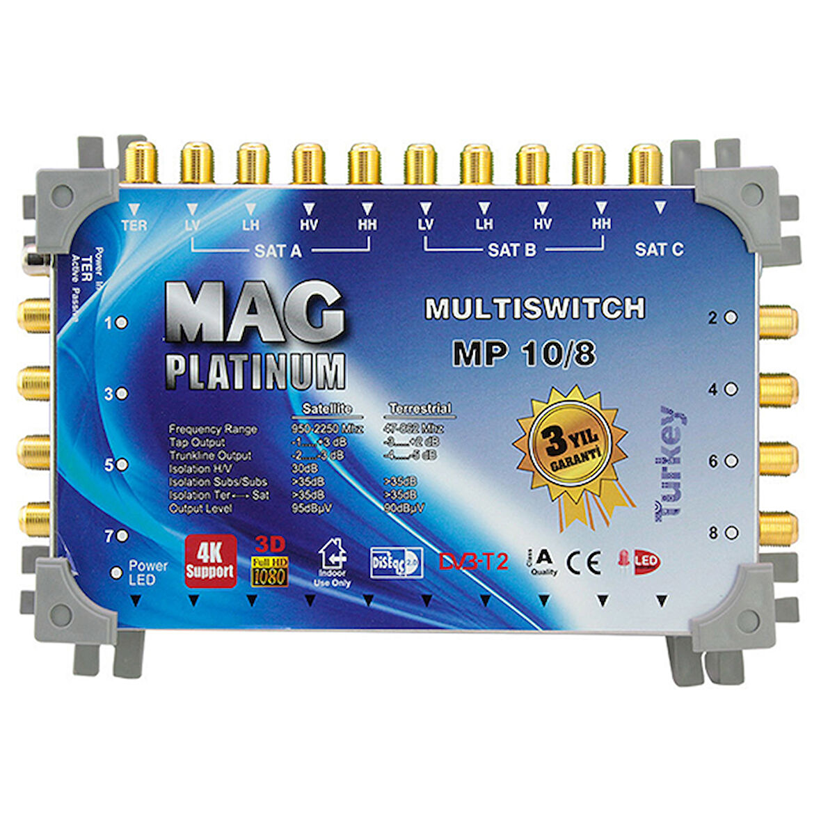 Mag Platinum 10-8 Sonlu 2 Çanak Anten Digitürk Girişli Site Apartman Tipi  Uydu Santrali + Adaptör 4K HD