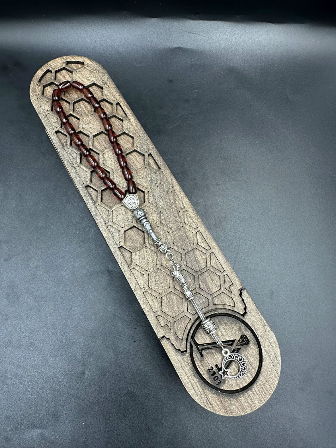 Ay Yılldız Alpaka Püskül  Ateş Kehribar Tespih (Ahşap Kutu)