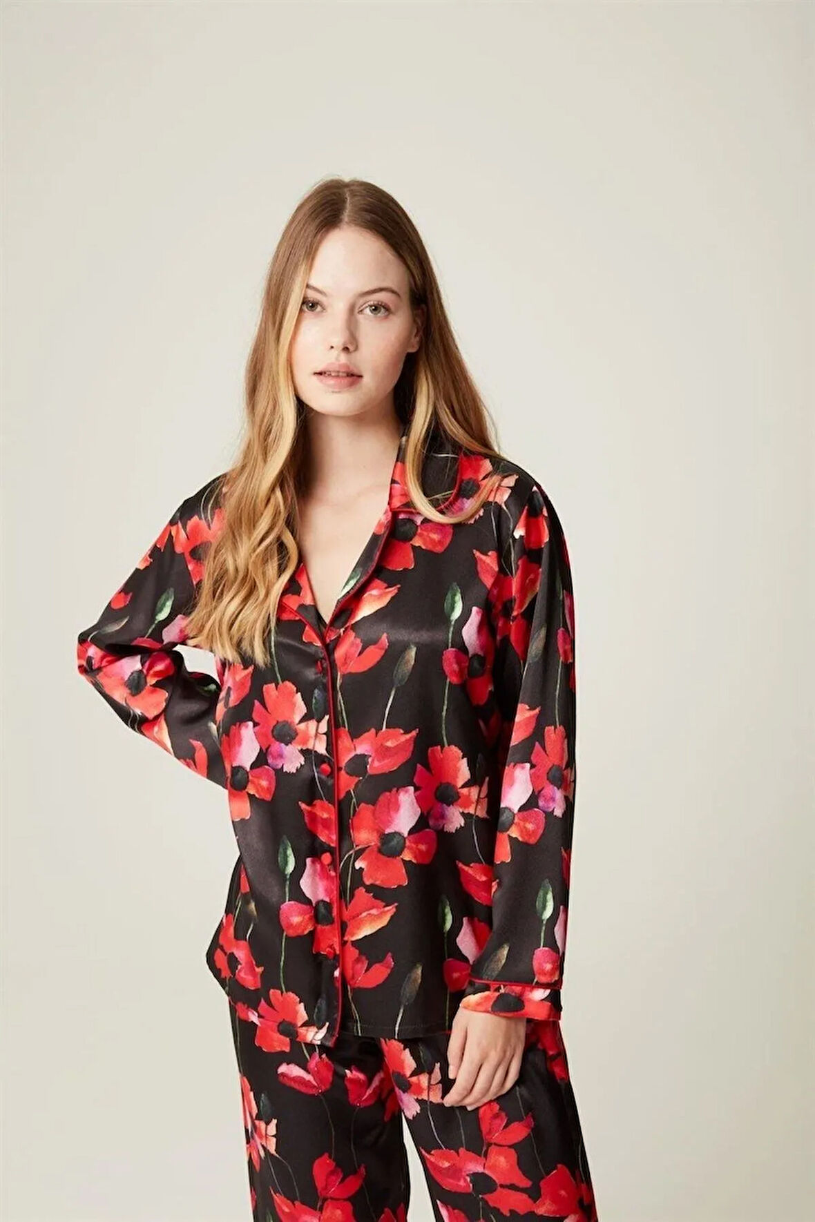 Saten Pijama Takım Raine Red Flower 2li Takım