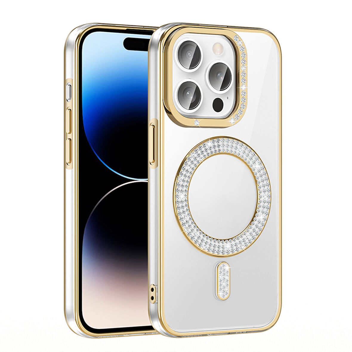 iPhone 14 Pro Max Kılıf Pırlanta Taş Tasarımlı M-safe Şarj Özellikli Karetta Silikon Kapak