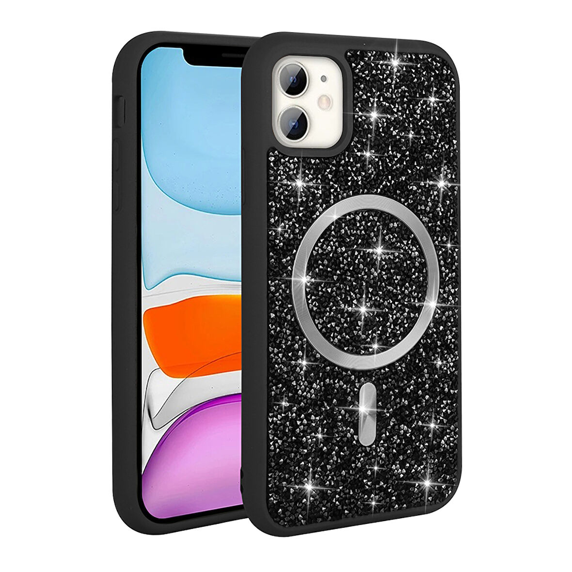 iPhone 11 Kılıf Pırlanta Tasarımlı M-safe Şarj Özellikli Mozaik Silikon Kapak