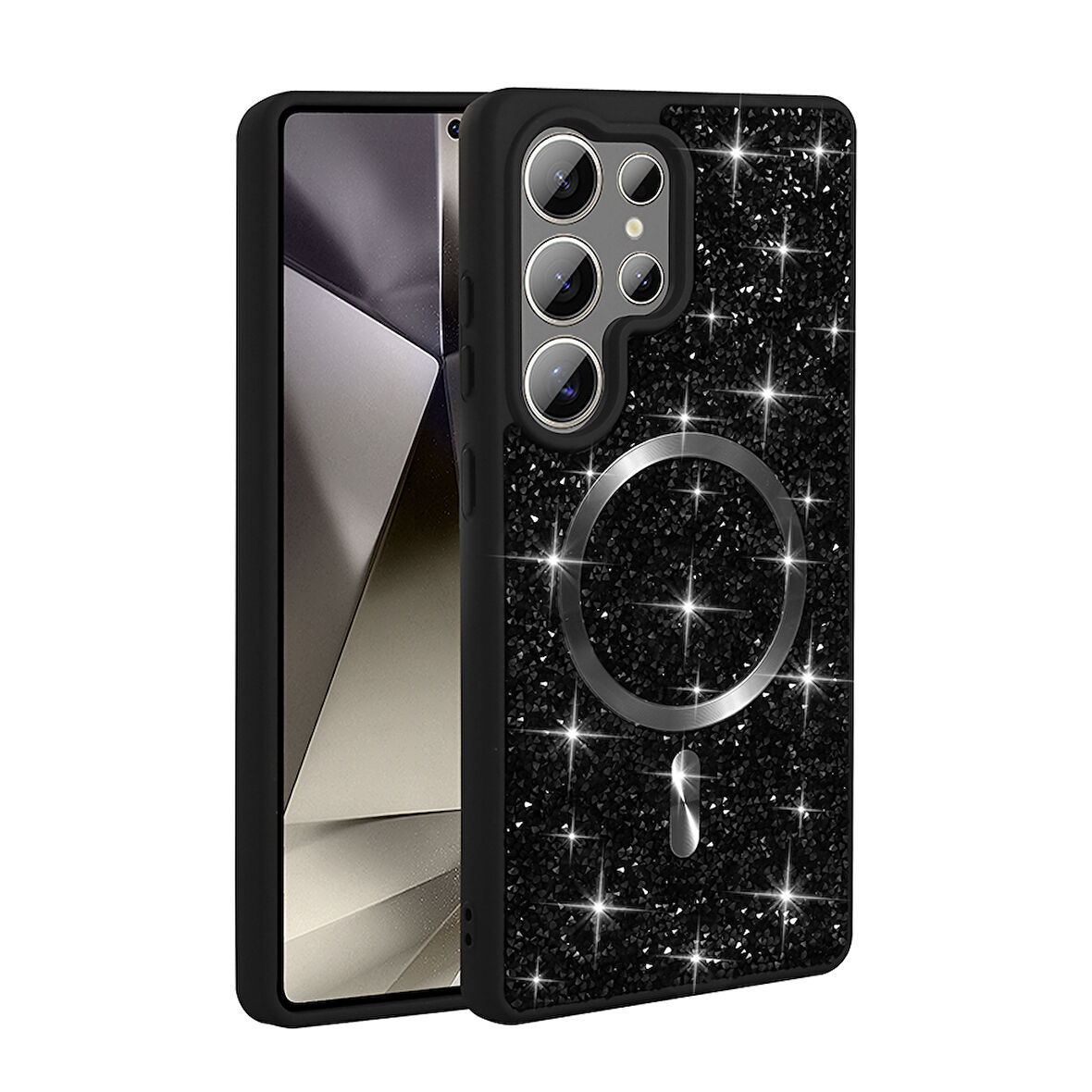 Galaxy S25 Ultra Kılıf Pırlanta Tasarımlı M-safe Şarj Özellikli Mozaik Silikon Kapak