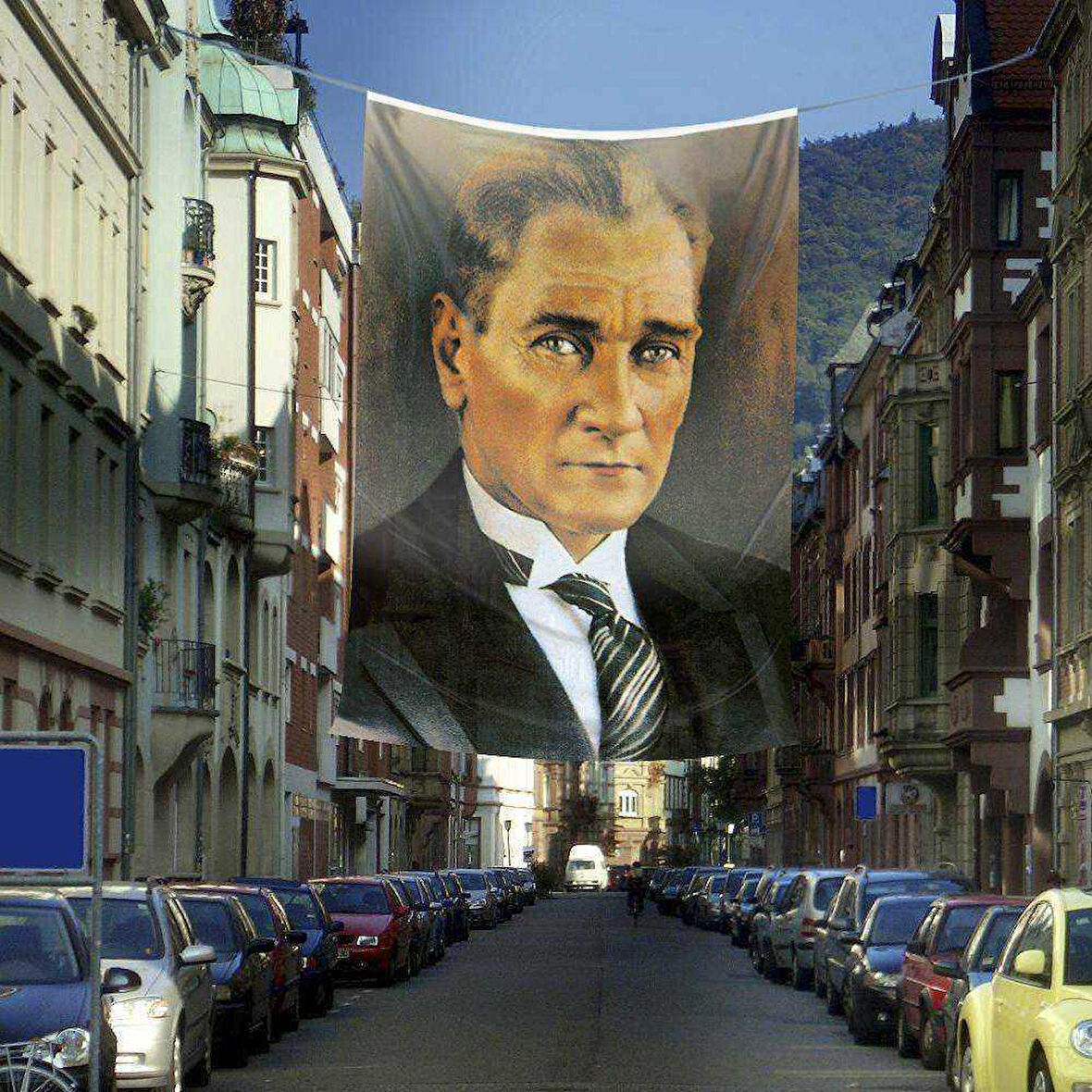 Sivil Mustafa Kemal Atatürk Portre Poster Dış Cephe Bayrağı - 4x6 Metre