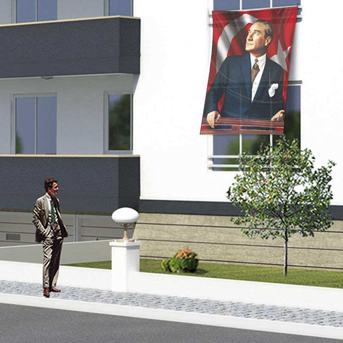 Göğe Bakan Sivil Atatürk -ay Yıldız-kutlama- Okul- Anı- Poster Cephe Bayrağı - Bayrak -1,5x2,25metre