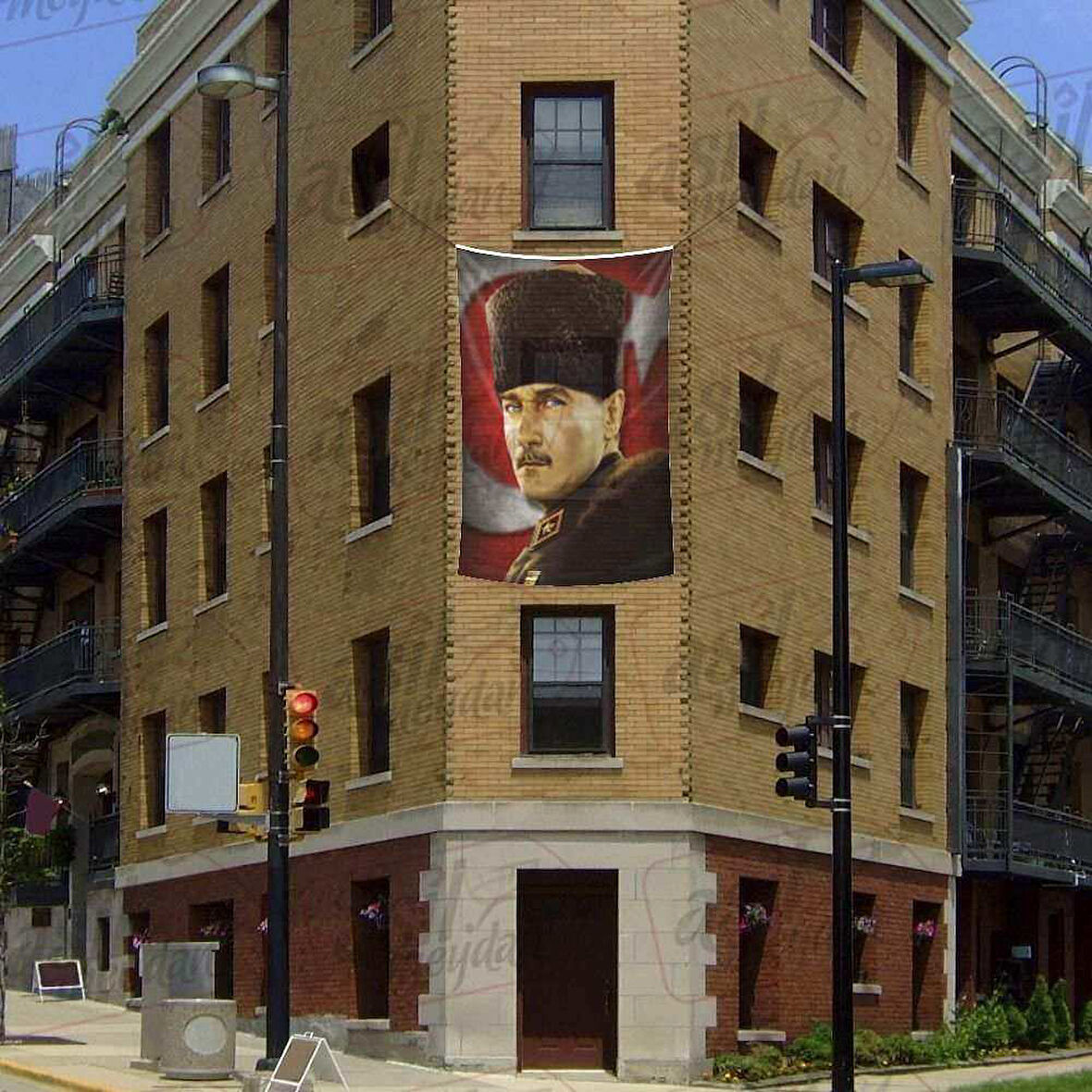 Mavi Gözlü Kalpaklı Gazi Mustafa Kemal Atatürk - Ay Yıldız Poster Cephe Bayrak -200x300cm -2x3metre