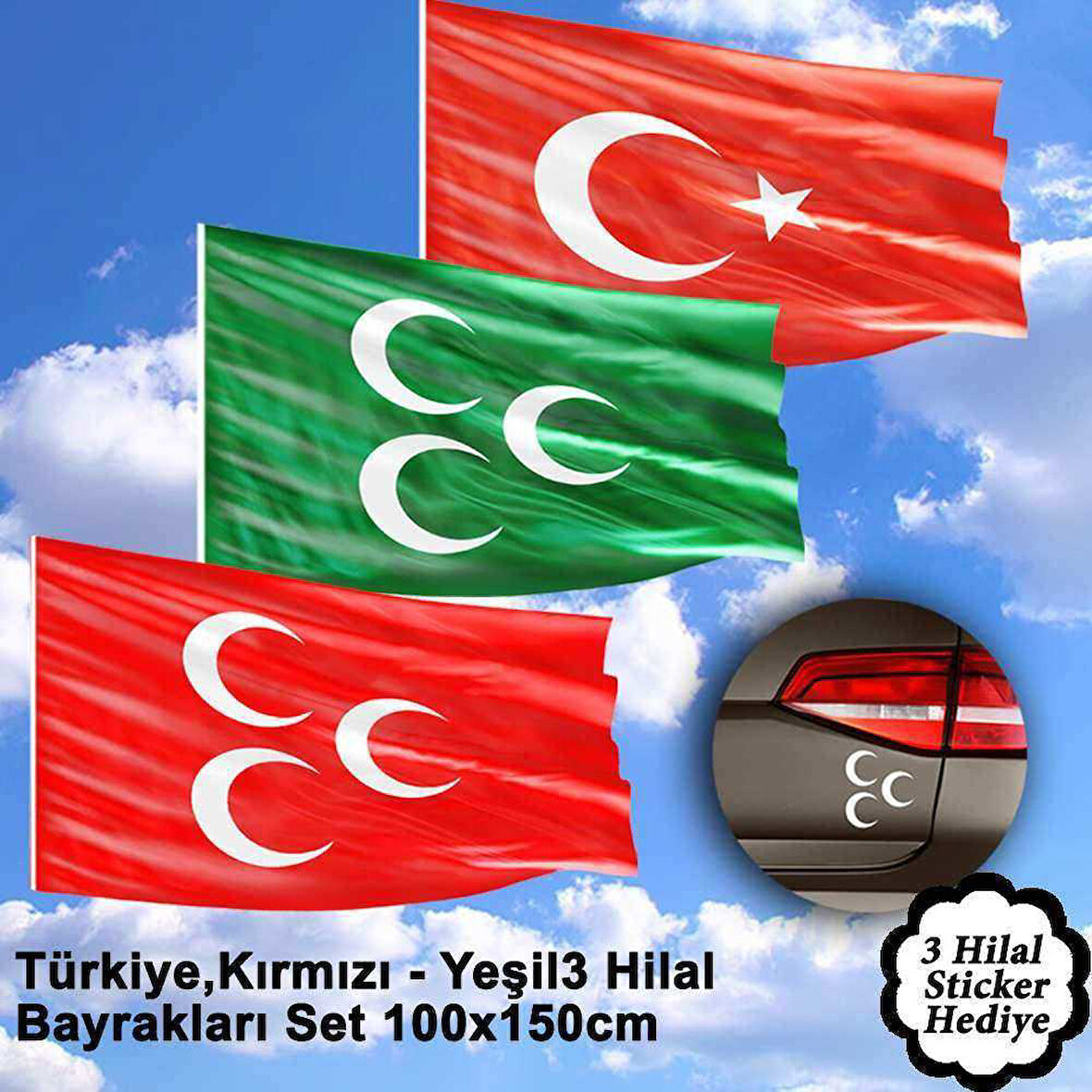 Türkiye, Kırmızı, Yeşil 3 Hilal Raşel Bayrak Set -100x150 Cm Hediye Sticker
