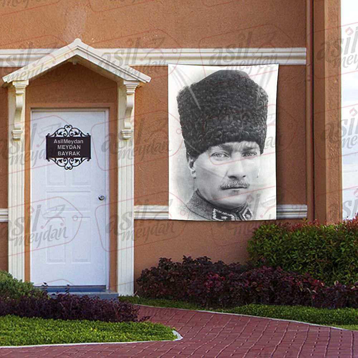 Kalpaklı Gazi Mustafa Kemal Atatürk - Siyah Beyaz Portre - Poster Bayrak 100x150 Cm