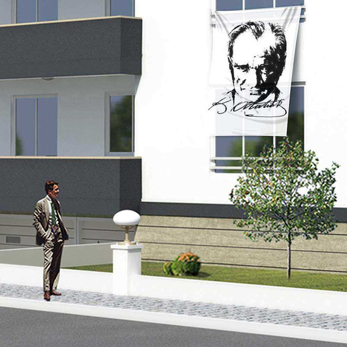 Siyah-beyaz Mustafa Kemal Atatürk İmzalı Poster Bayrağı- 1,5x2,25 Metre