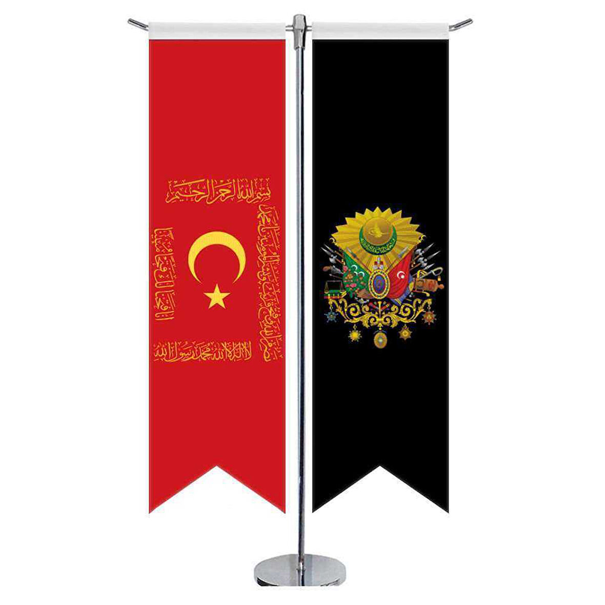 Osmanlı - Fetih Sancağı - Kelime İ Tevhid Ve Osmanlı Arması - Saten T Direk 2li Masa Bayrağı