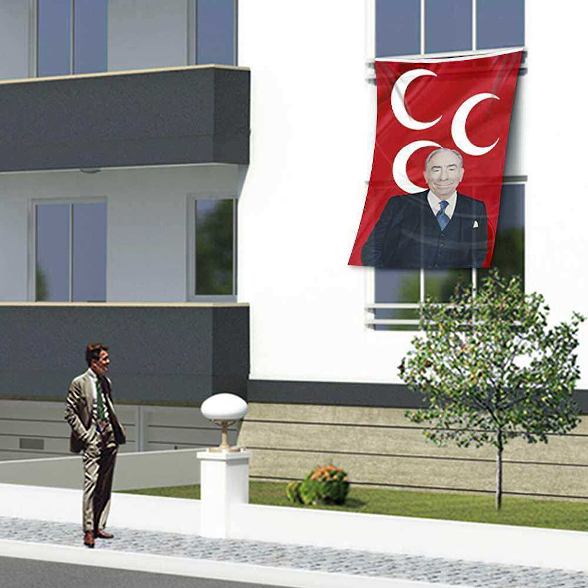Alparslan Türkeş Ve 3 Hilal Kırmızı Sancak Bayrak Mhp -150x225cm (1,5 X2,25 Metre)