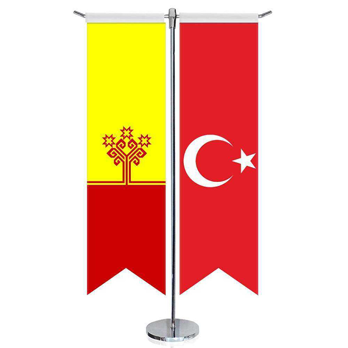 Çuvaşistan Cumhuriyeti Bayrağı Ve Türkiye - Kırlangıç - Saten T Direk 2li Masa Bayrağı