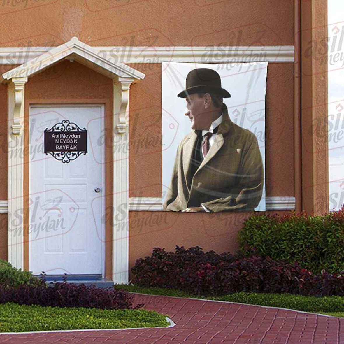 Şapkalı - Paltolu Modern Sivil Gazi Mustafa Kemal Atatürk - Yan Portre - Poster Bayrak 100x150 Cm