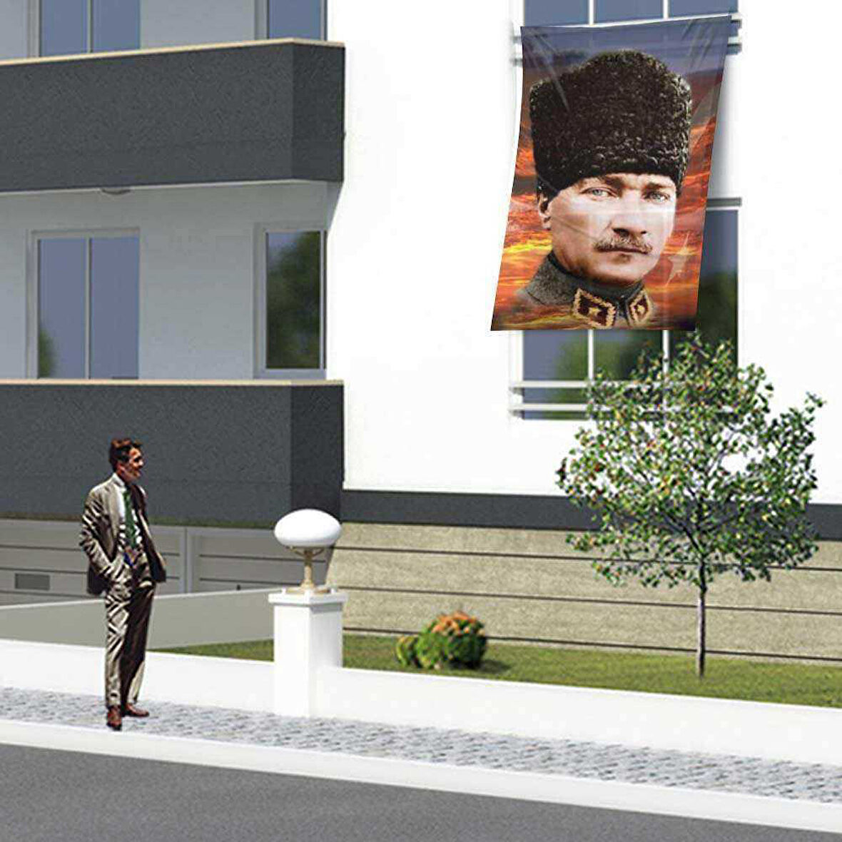Kalpaklı Atatürk Poster Cephe Bayrağı -bayrak - 1,5x2,25 Metre