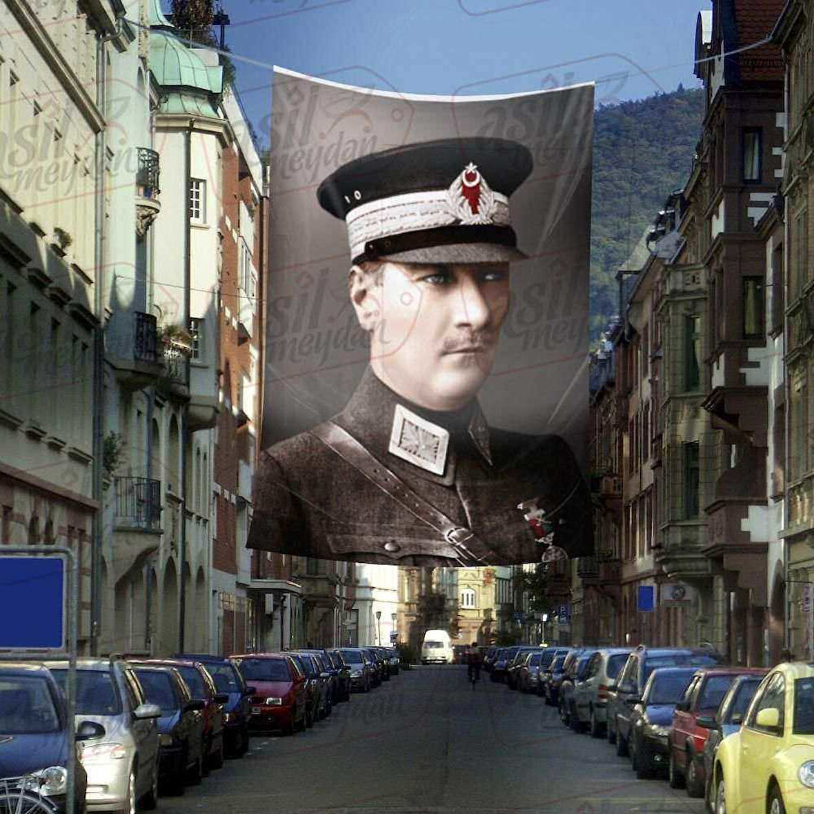 Askeri Üniformalı Gazi Mustafa Kemal Atatürk - Portre Cephe Poster Bayrak -4x6 Metre