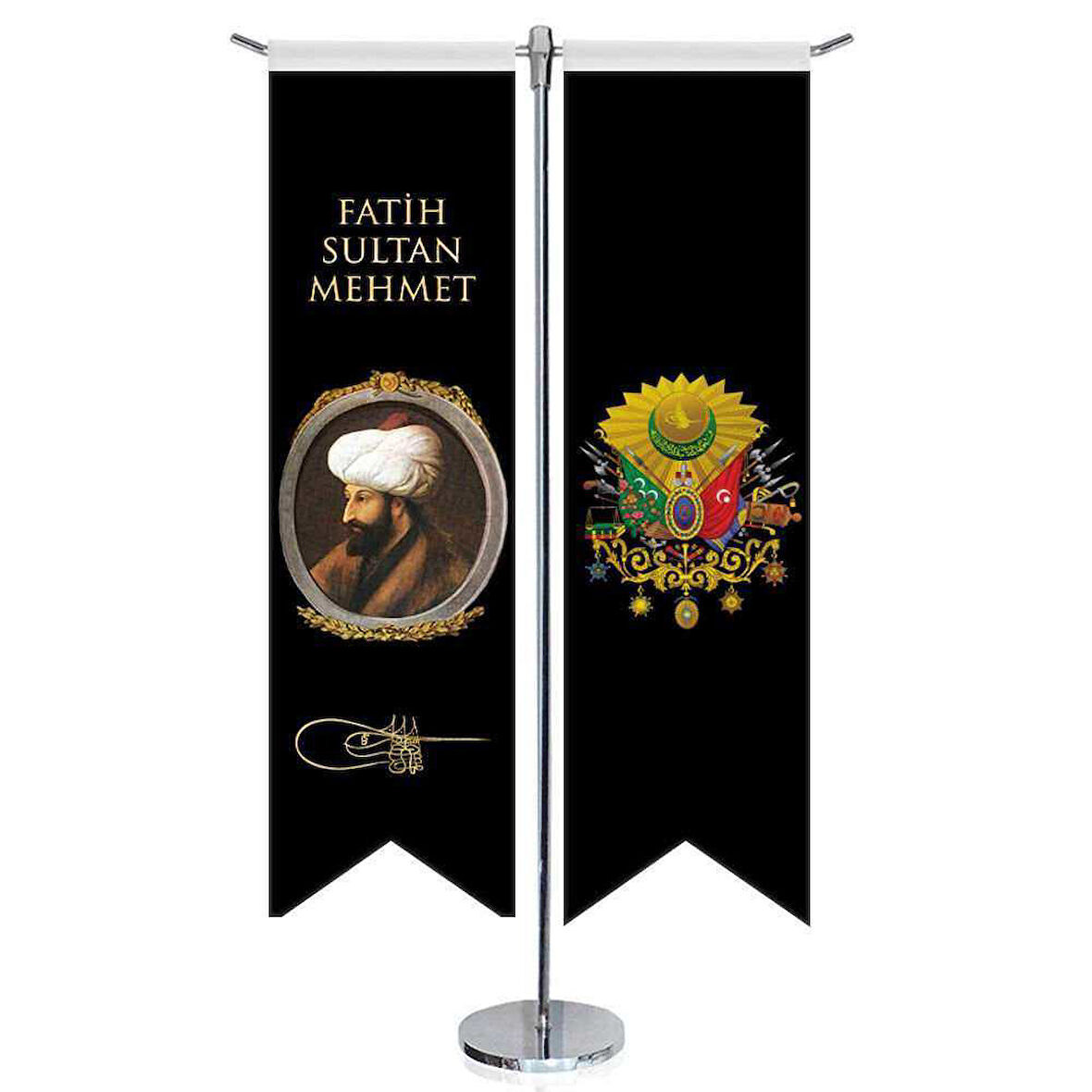 Osmanlı Padişahları - Fatih Sultan Mehmet Ve Osmanlı Arması-kırlangıç-saten T Direk 2li Masa Bayrağı