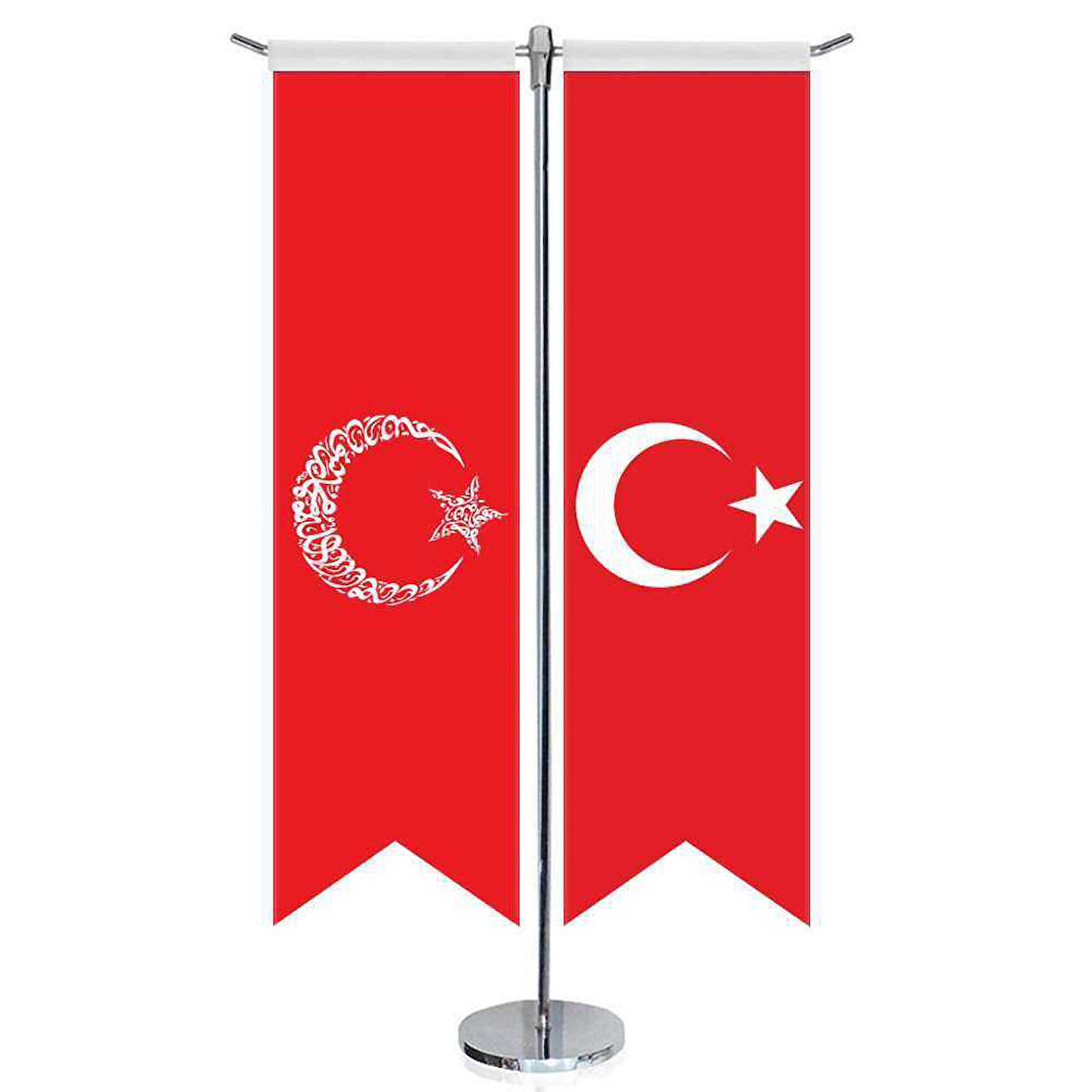 Kelime-i Tehvid - Kırmızı - Ayyıldız Bayrağı Ve Türkiye -kırlangıç -saten T Direk 2li Masa Bayrağı