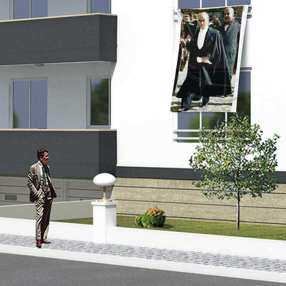 Pelerinli Mustafa Kemal Atatürk Poster Cephe Bayrağı-1,5x2,25 Metre