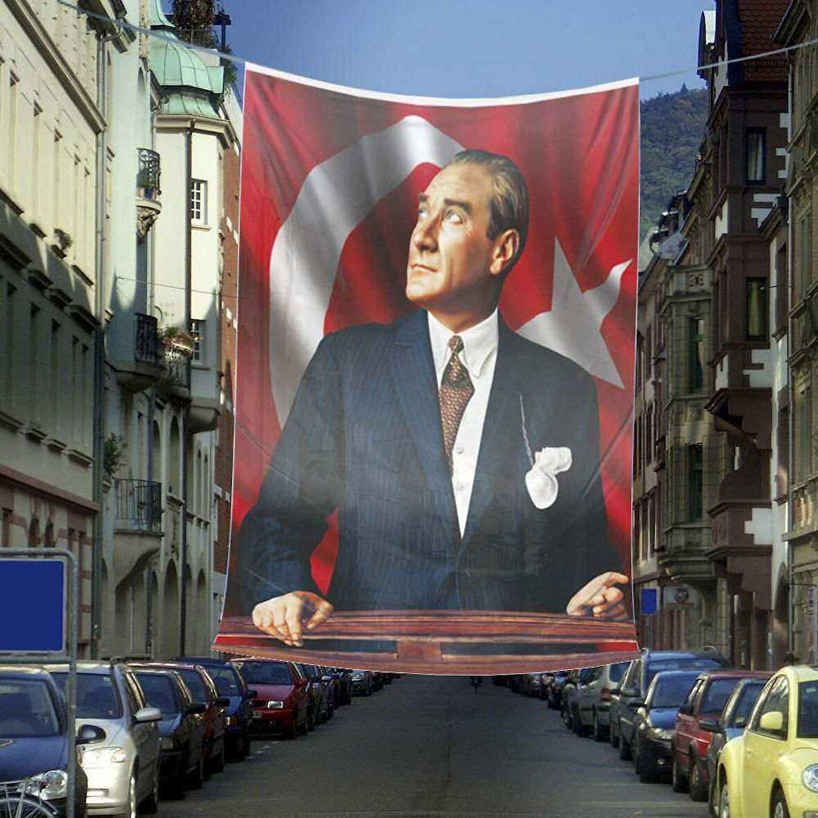 Ay Yıldızlı Sivil Atatürk - Portre-cephe Poster Bayrak-okul - Kutlama - Anı -600x900cm - 6x9 Metre