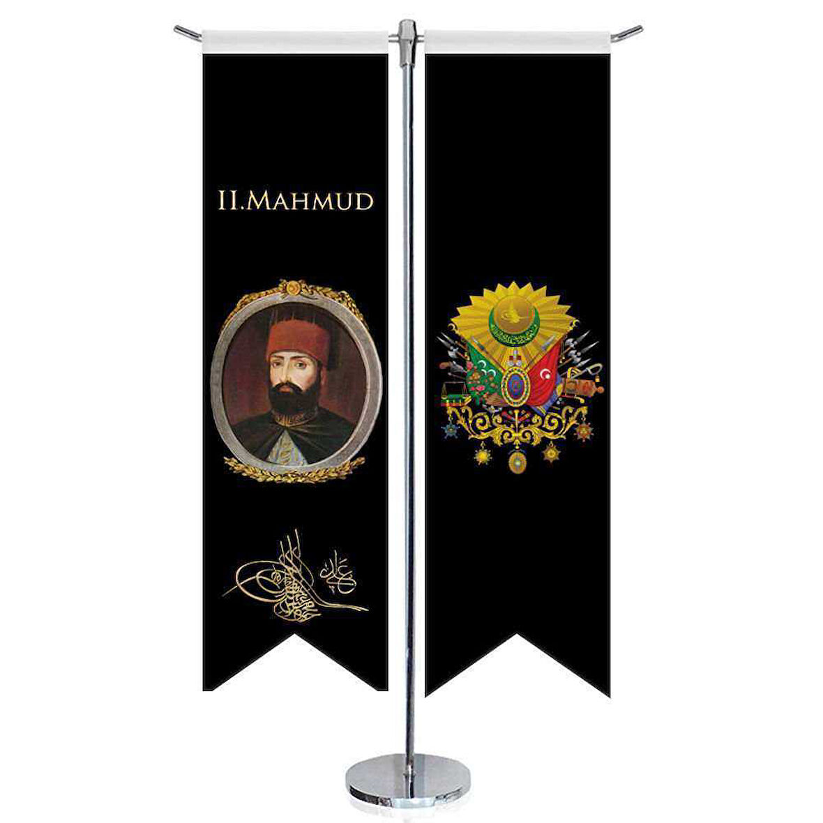Osmanlı Padişahları - Iı, Mahmud Ve Osmanlı Arması - Saten -kırlangıç - T Direk 2li Masa Bayrağı