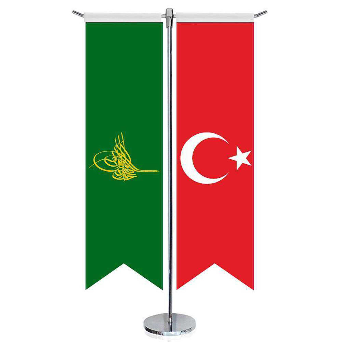 Yeşil Osmanlı Tuğrası Bayrağı Ve Türkiye -kırlangıç -saten T Direk 2li Masa Bayrağı