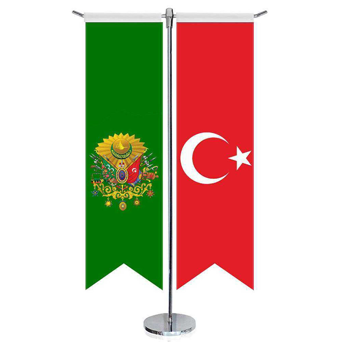 Yeşil Osmanlı Arması Bayrağı Ve Türkiye -kırlangıç -saten T Direk 2li Masa Bayrağı