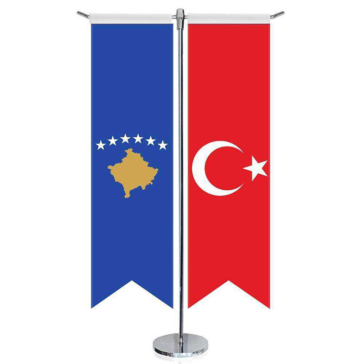 Kosova Cumhuriyeti Bayrağı Ve Türkiye - Kırlangıç - Saten T Direk 2li Masa Bayrağı