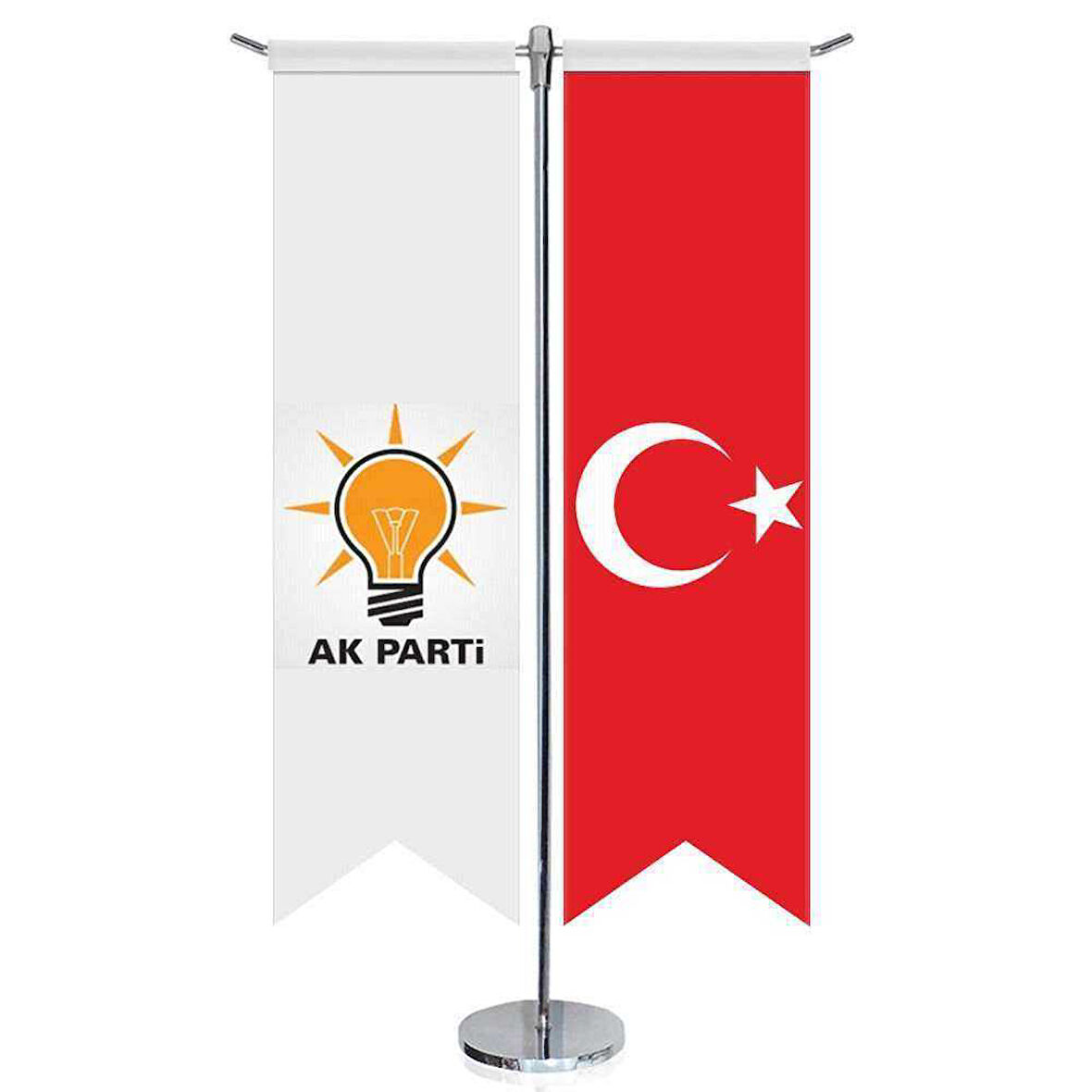 Beyaz Akparti (akp) Bayrağı Ve Türkiye - Kırlangıç - Saten T Direk 2li Masa Bayrağı