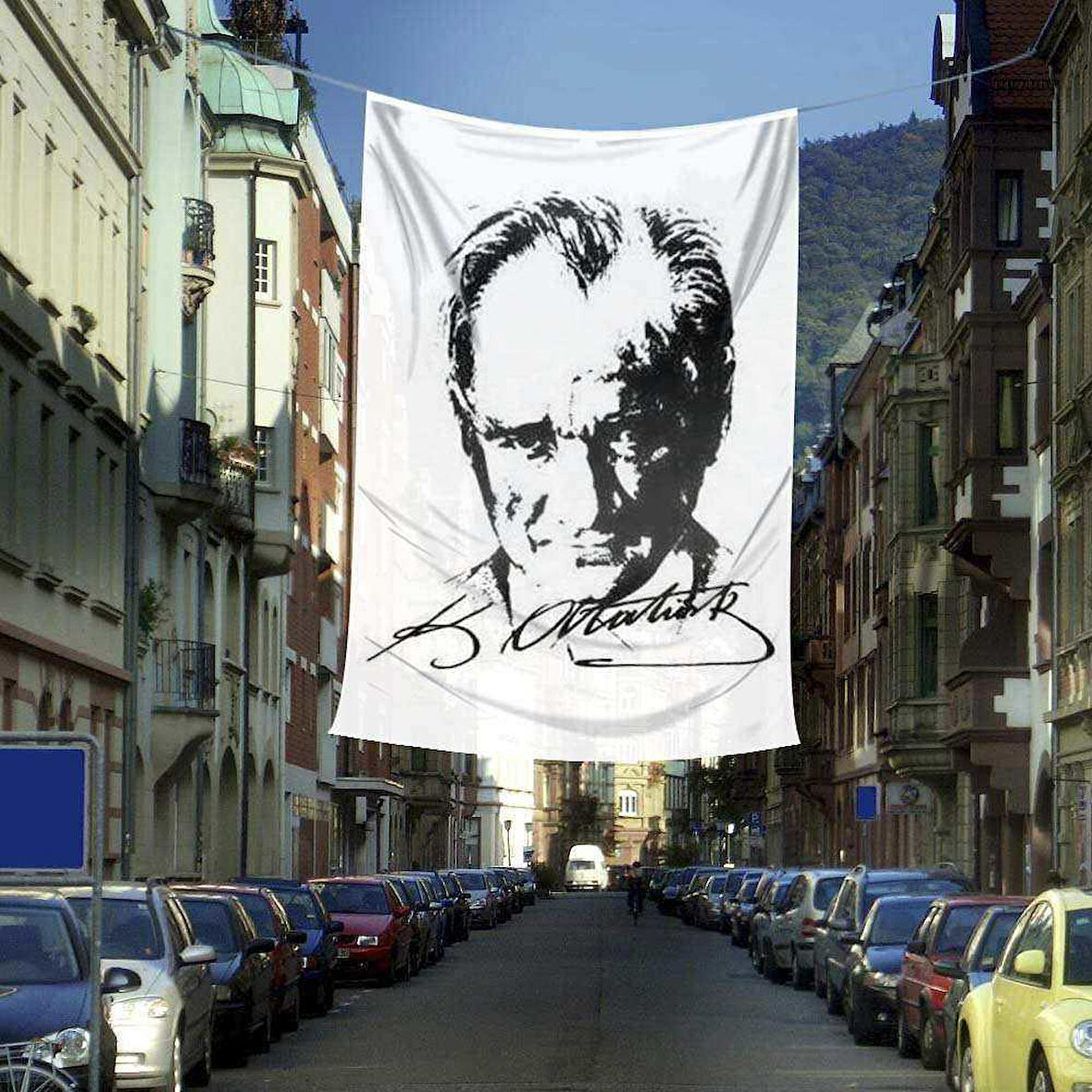 Siyah-beyaz Gazi Mustafa Kemal Atatürk Silüeti Poster Bayrağı- 4x6 Metre