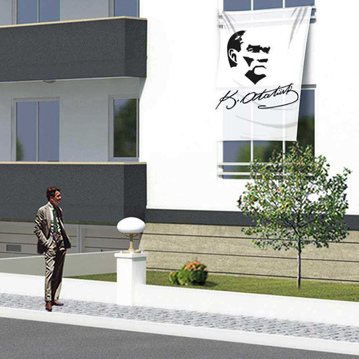 Siyah - Beyaz Mustafa Kemal Atatürk Silüeti Poster Bayrak - 1,5x2,25 Metre