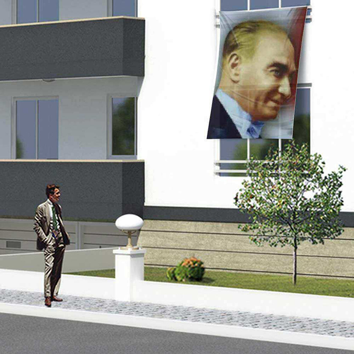 Gülümseyen Mustafa Kemal Atatürk Yan Portre Dış Poster Cephe Bayrağı - 1,5x2,25 Metre