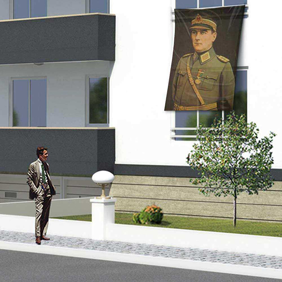 Üniformalı Gazi Mustafa Kemal Atatürk Poster Cephe Bayrak 150x225cm -1,5x2,25 Metre