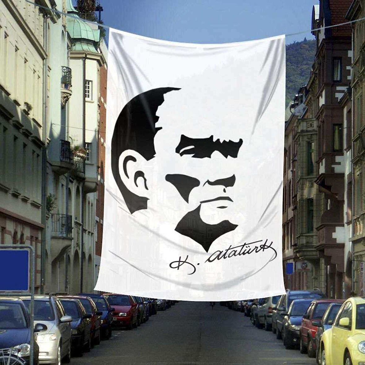 Siyah - Beyaz Mustafa Kemal Atatürk Silüeti Ve İmza Dış Cephe Poster Bayrağı- 6x9 Metre